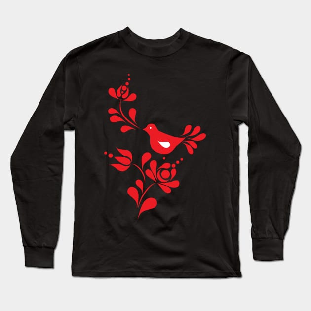 Spring bird and flower in red illustration Long Sleeve T-Shirt by GalfiZsolt